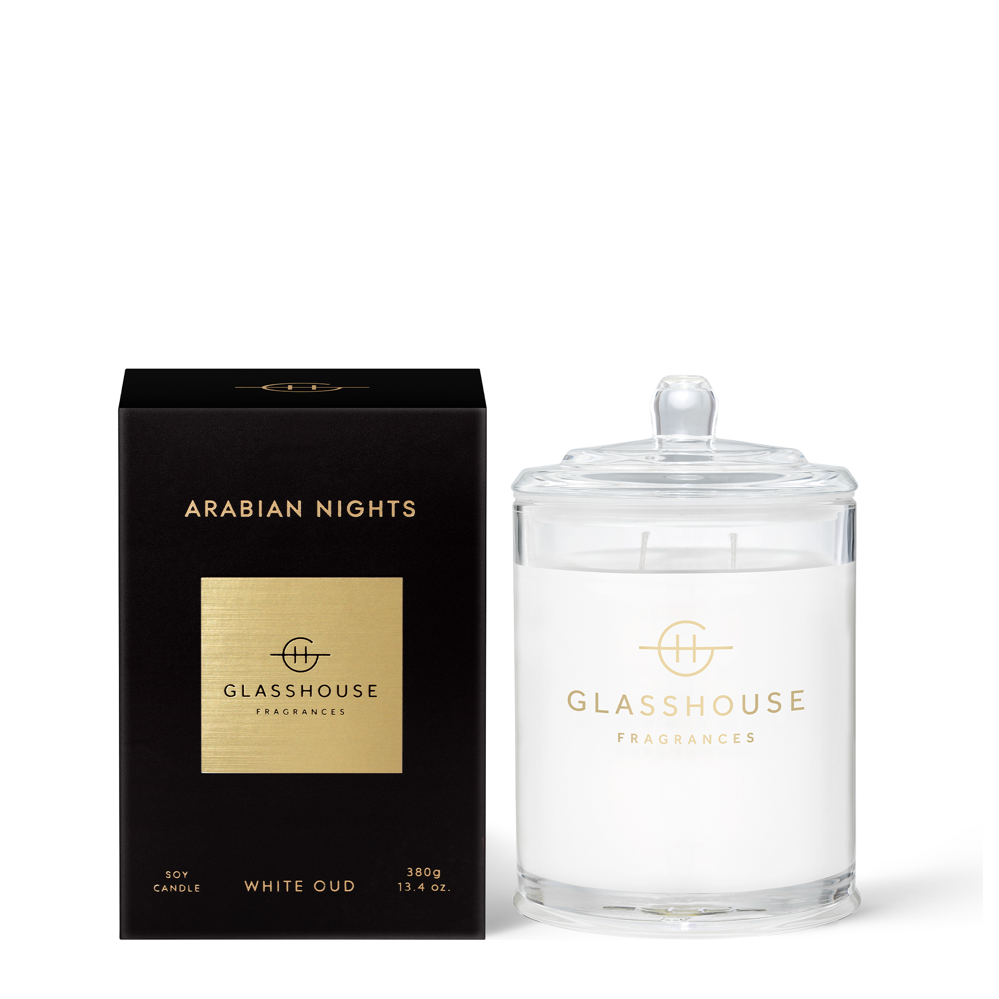 Glasshouse Fragrances 380g Soy Candle - ARABIAN NIGHTS - White Oud